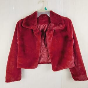 Plush faux fur cropped open front jacket maroon red size Med Luxe Soft Maximal